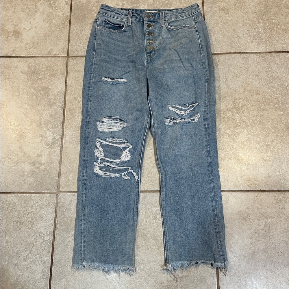 Altard State Mica Denim Exposed Button Destroyed Straight Ankle Crop Jeans 29